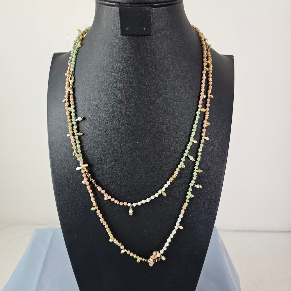 Boho Pastel Beaded Layered Necklace Gold Tone Leaf Charms Multi Strand 22 Inch